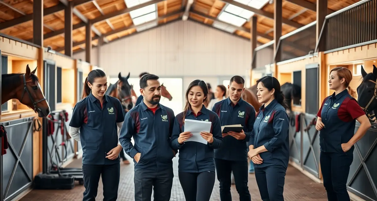 Diverse barn staff team working together in organized equestrian facility managing horses and daily barn operations