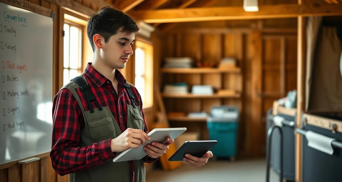 Barn staff member reviewing digital onboarding checklist on tablet in organized stable office environment