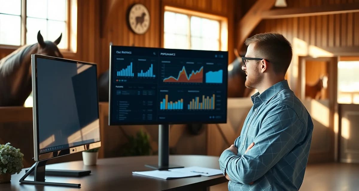Barn manager analyzing staff performance tracking data on digital dashboard in equine facility management office