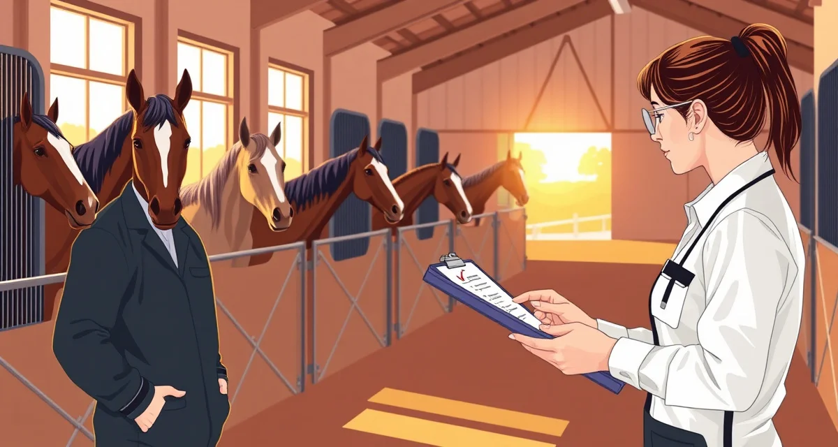 Horse barn staff conducting a shift handoff using a checklist to communicate important care tasks and stable management information before crew change.