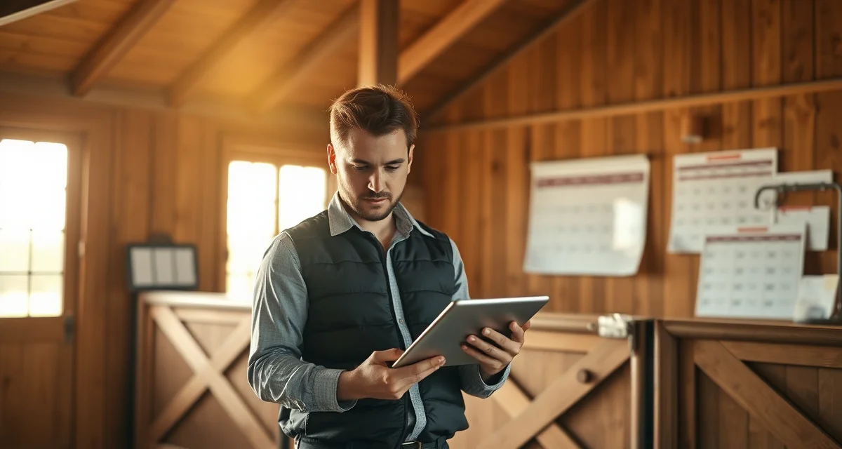 Barn manager planning weekly staff shift schedule using digital scheduling software for boarding stable operations