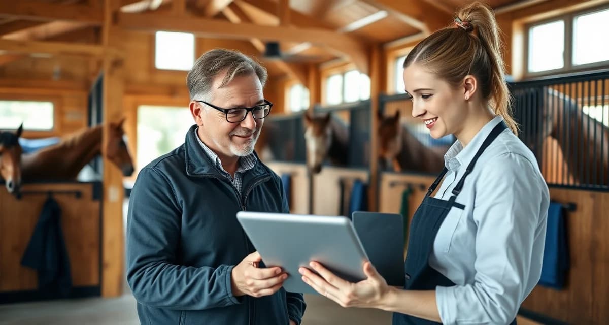Barn staff collaborating on horse barn management software implementation on tablet device in stable office environment