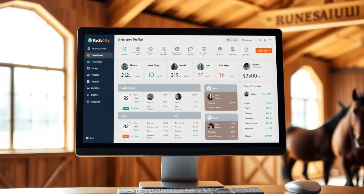 BarnBeacon horse barn management software dashboard showing facility setup, horse profiles, owner information, billing, and health reminder configuration screens for new users.