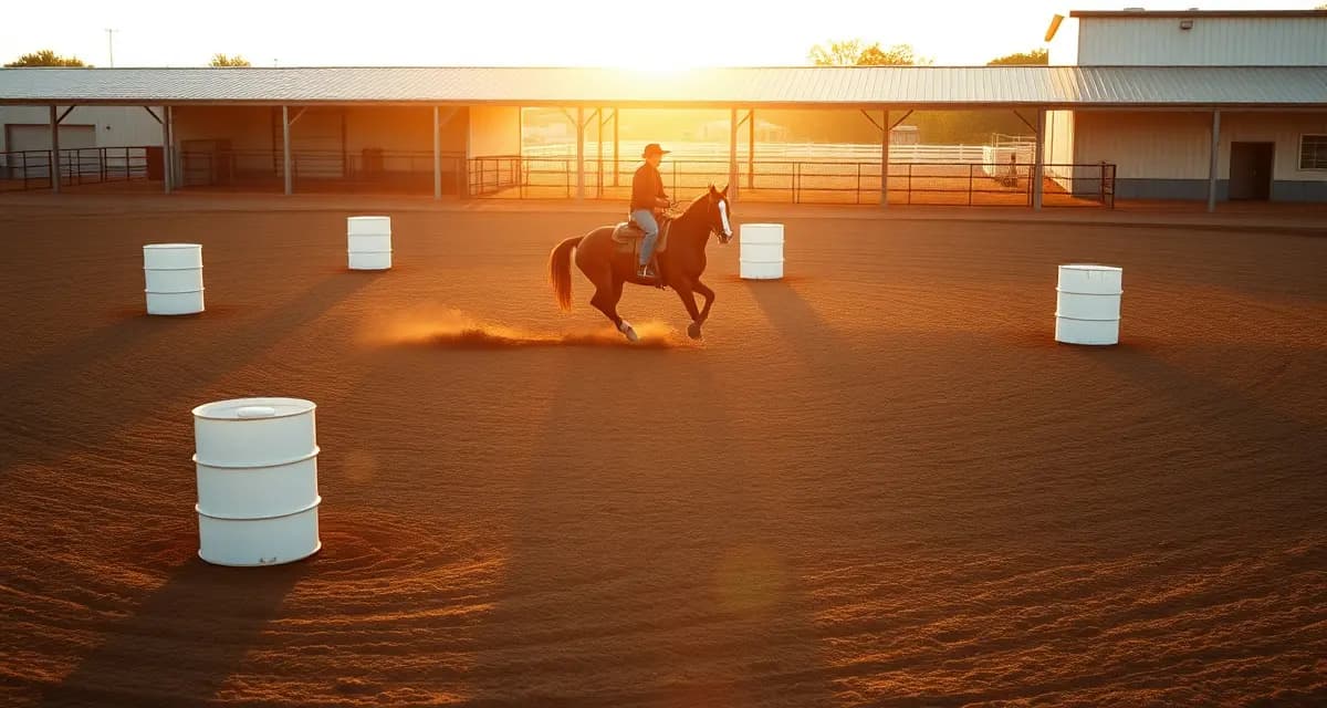 Professional barrel racing arena with white barrels positioned for training pattern, showing proper arena preparation for competitive horse conditioning