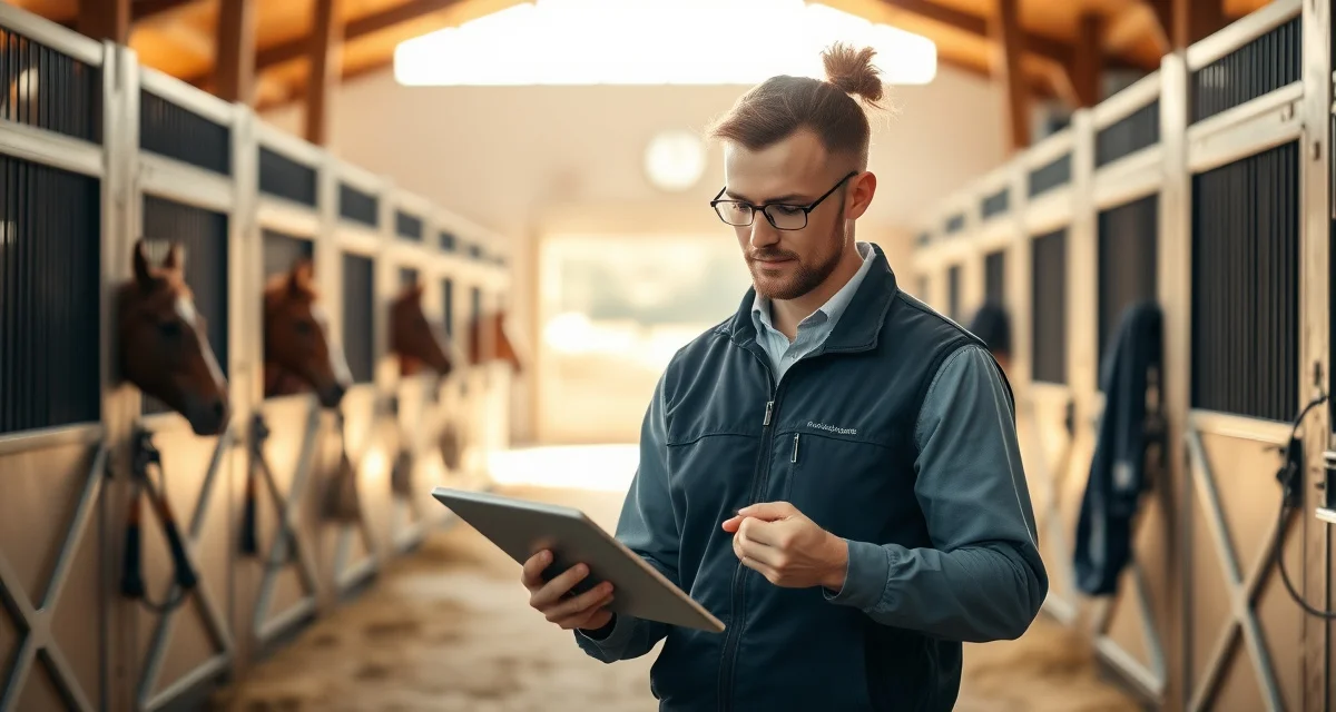 Barn manager using incident reporting software to document barrel racing horse training updates and owner communication in modern equestrian facility.