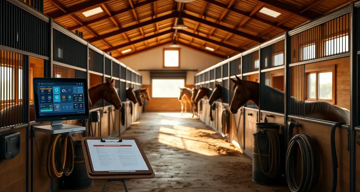 Modern horse barn facility with organized stalls and digital management tools for barrel racing operations and health monitoring
