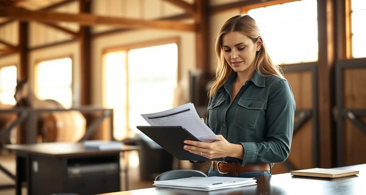 Barrel racing barn owner reviewing billing and competition communication on tablet in organized barn office