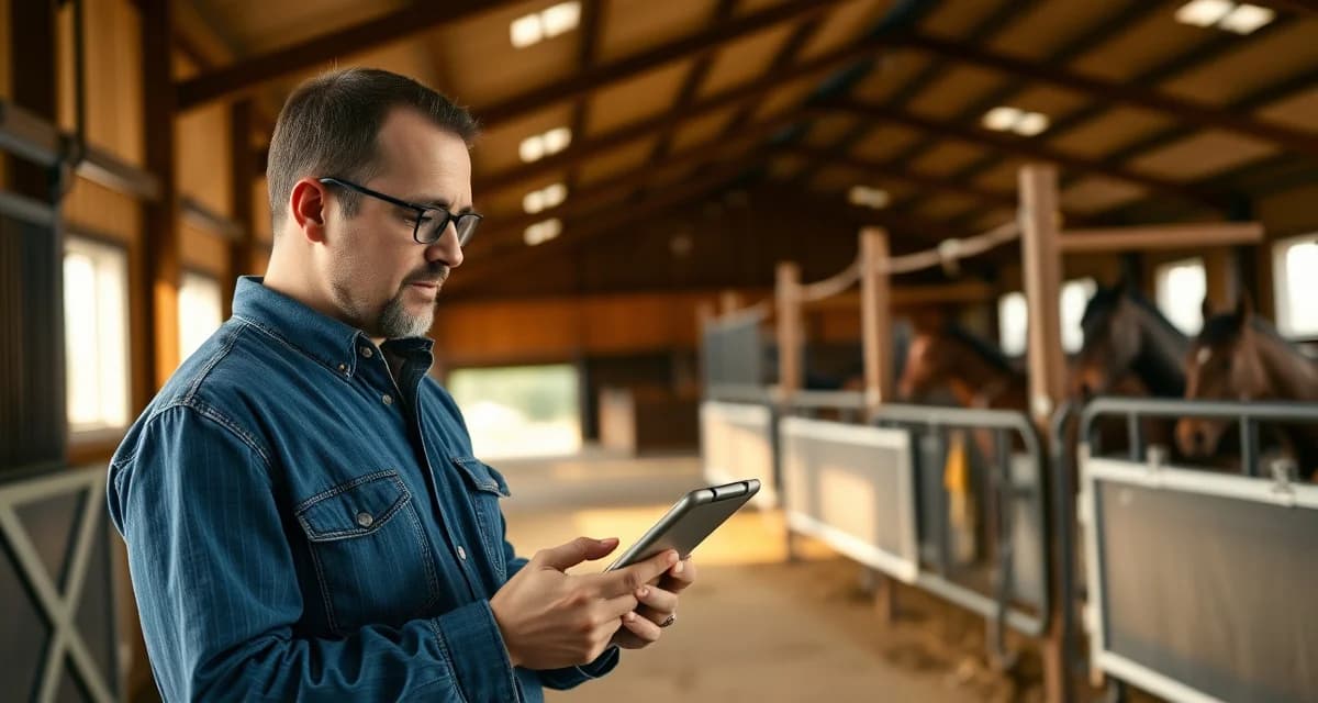 Barn manager using communication software to update barrel racing horse owners on training progress and competition schedules