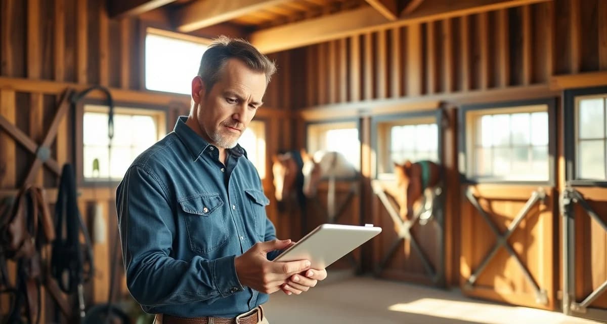 Barrel racing barn owner reviewing structured daily training reports and performance data on digital platform