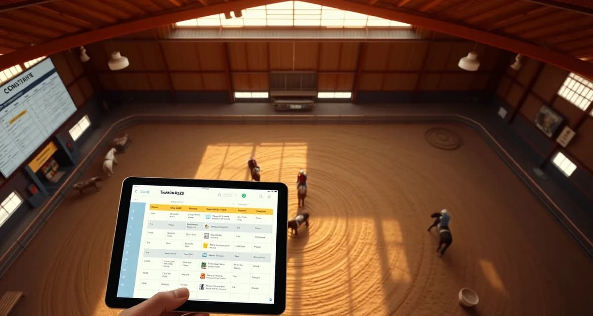Barrel racing facility manager using scheduling software to organize training and competition calendars for multiple horses and riders.