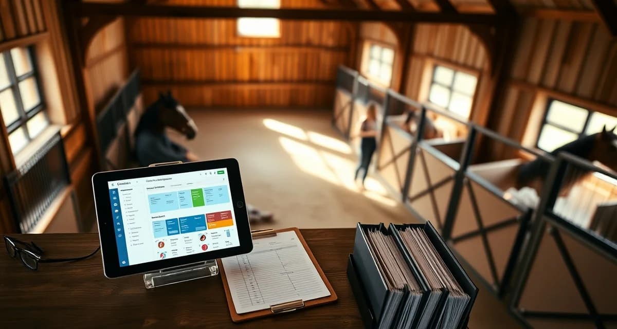 Modern horse barn office with digital barn management software displayed on tablet for organizing boarding operations and schedules