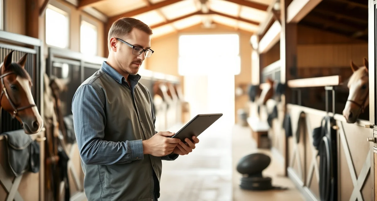 Barn manager using combined driving software on tablet to manage horse health records and carriage maintenance schedules
