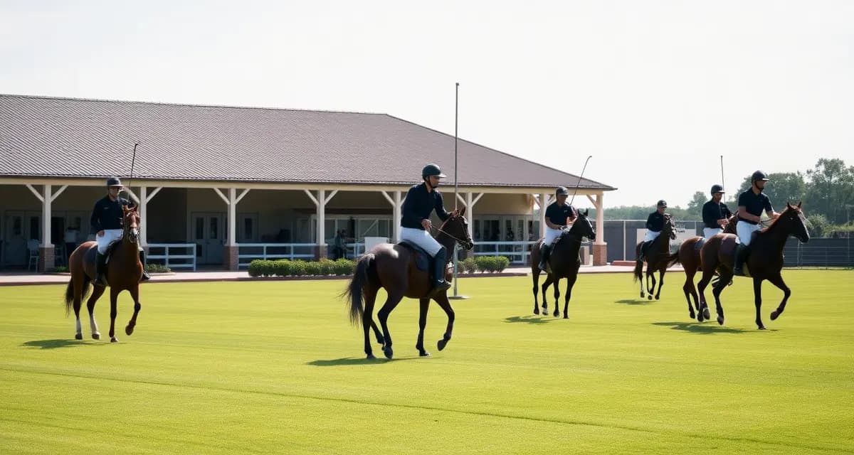 Best barn management software for polo facilities showing organized horse stalls and training field infrastructure for professional polo operations.