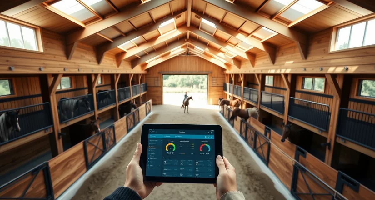 Modern horse barn interior showcasing best barn management software for reining facilities with organized training areas and digital tools.