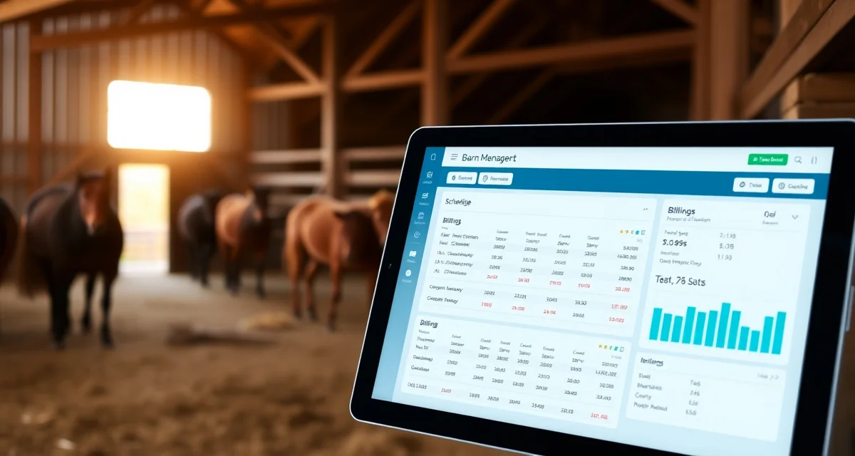 Best barn management software dashboard for western facilities displaying scheduling, billing, and health tracking features