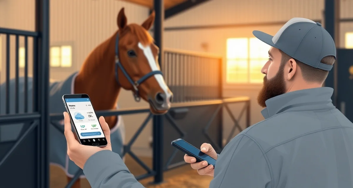 Horse barn manager reviewing blanketing alert system notification on mobile device with real-time weather data for proper horse blanket management