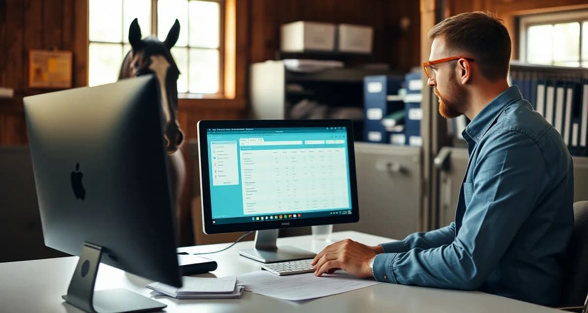 Horse barn manager reviewing boarder account records and financial history on stable management software dashboard