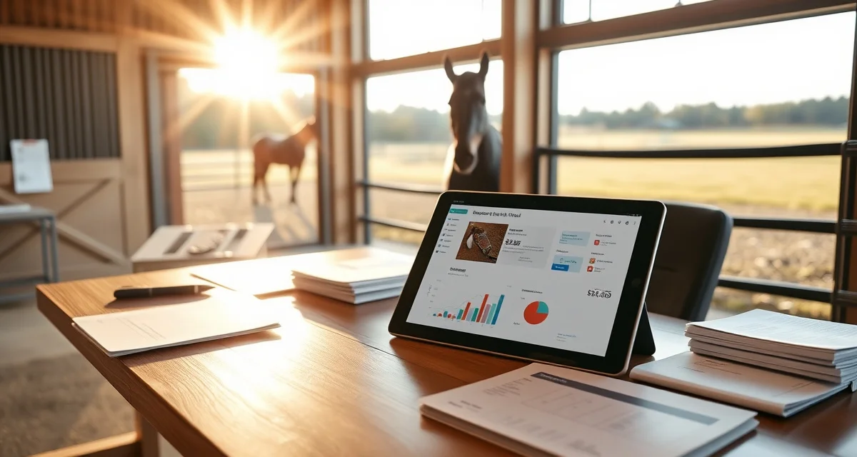 Digital boarder portal dashboard displayed on tablet in horse barn office with care records and billing statements organized on desk