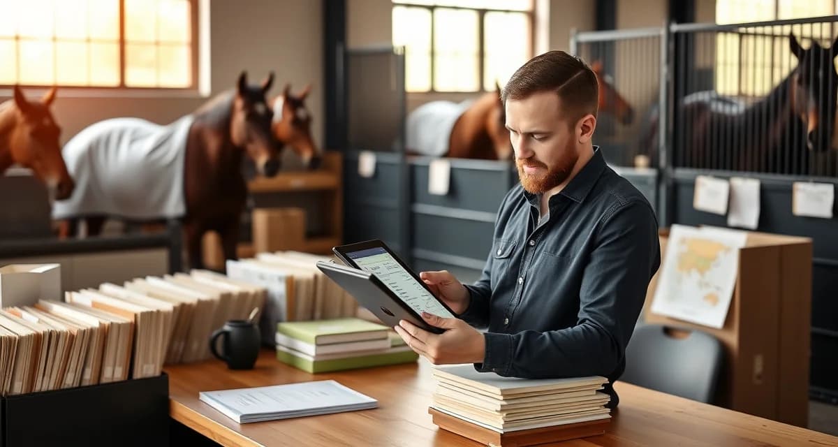 Horse barn manager configuring boarding barn billing and invoicing system on digital platform for equine facility management