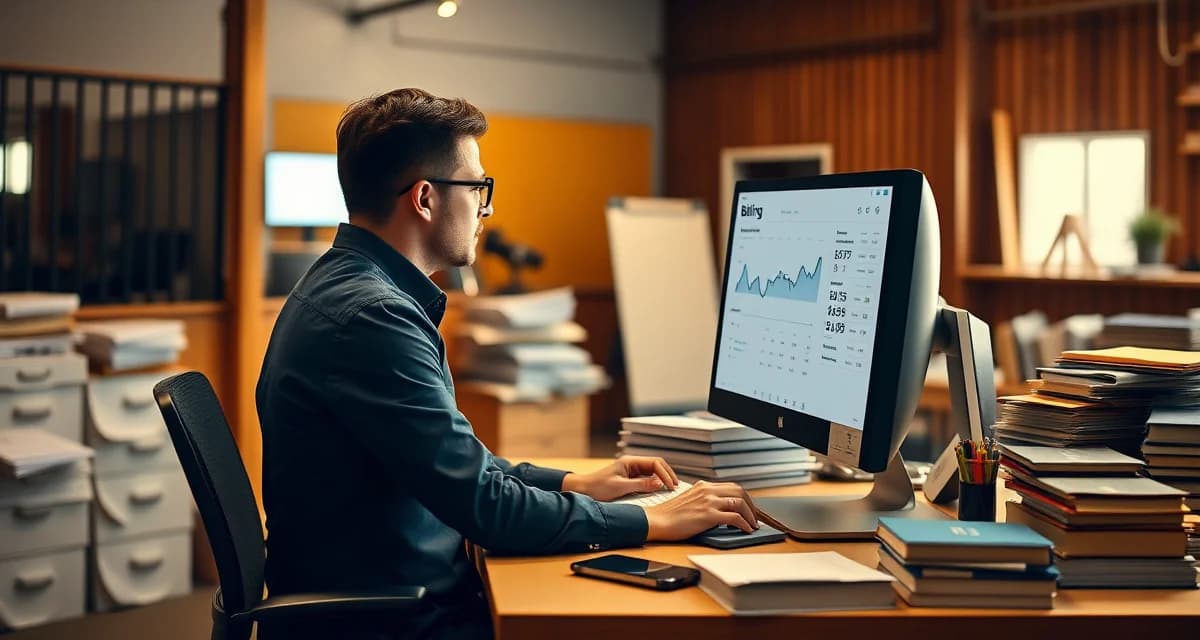 Barn manager using boarding barn billing software on computer to streamline stable management and track invoices efficiently