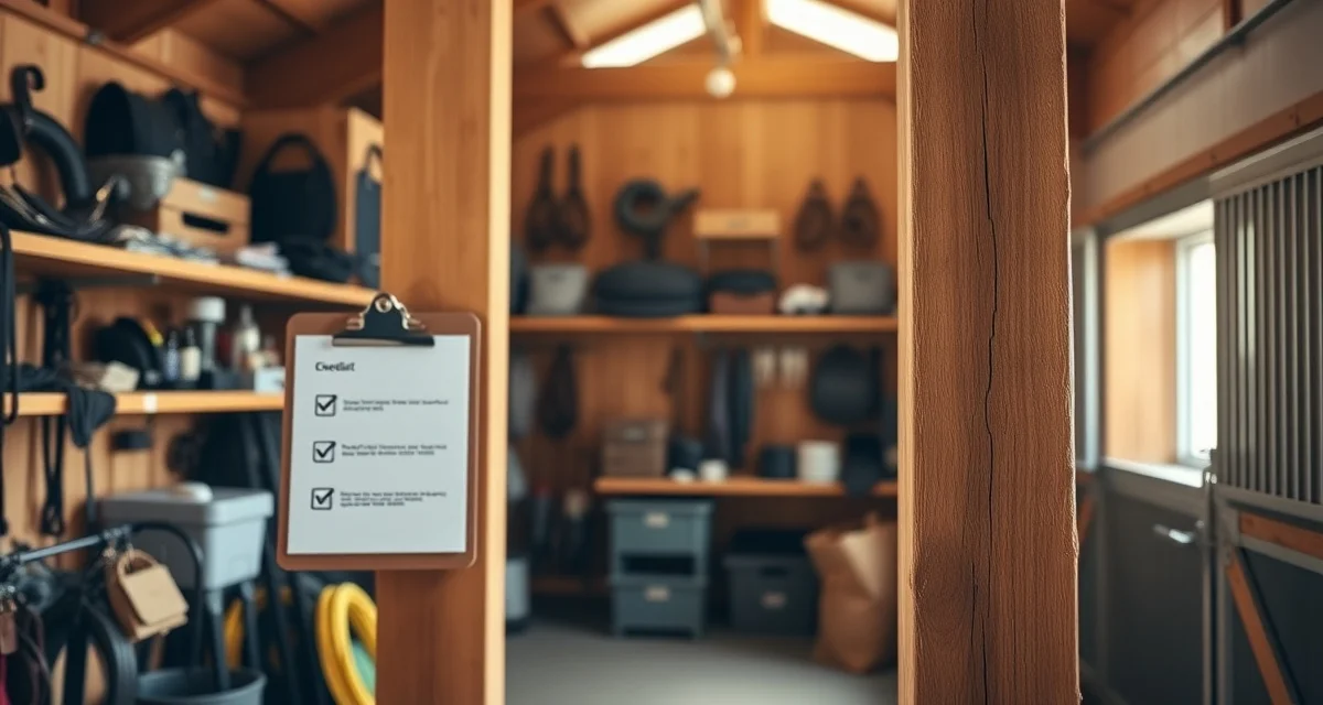 Organized horse barn interior with daily checklist clipboard for boarding facility operations and safety management.