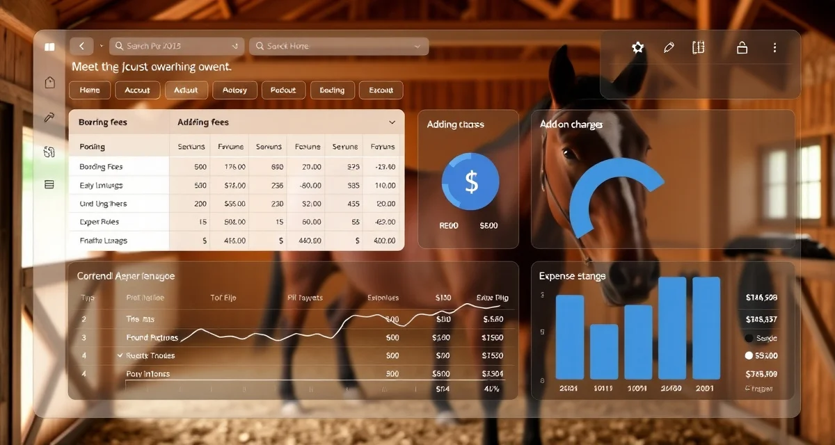 Boarding barn financial reporting dashboard showing revenue tracking, expense categories, and occupancy metrics for stable management.