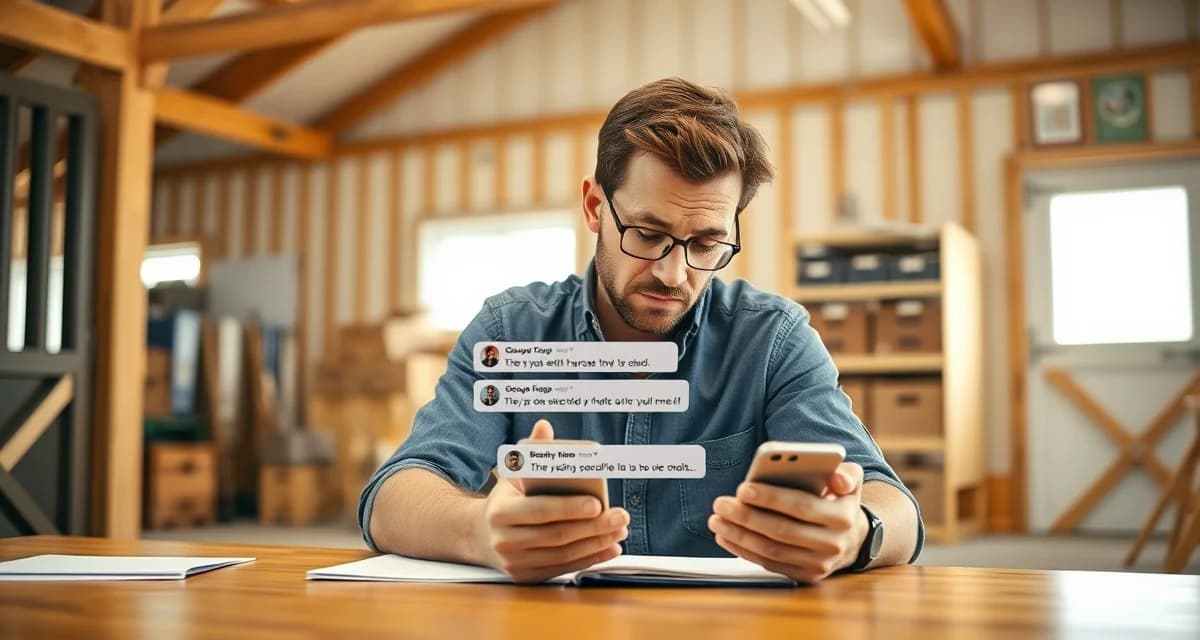 Horse barn manager reviewing cluttered group text messages on smartphone, illustrating communication challenges in boarding barn operations.