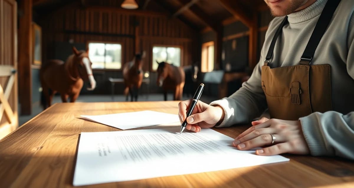 Horse barn manager and owner reviewing boarding barn liability waiver document with pen at desk in stable office setting