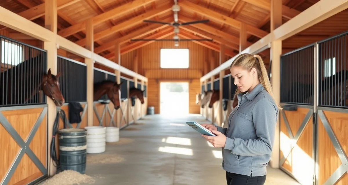 Organized horse barn interior showing stalls, feed storage, and barn manager using digital management software to oversee operations