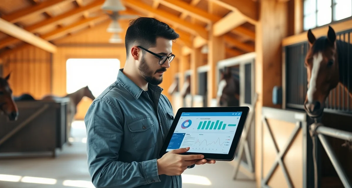 Organized horse barn office with management software, schedules, and documentation systems for efficient boarding barn operations