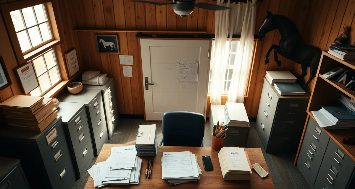 Organized horse barn office with tax documentation and financial records for equine facility management