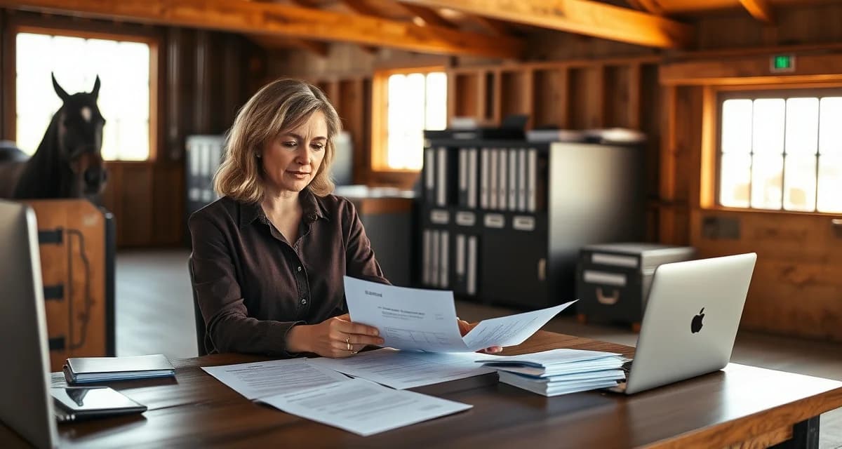 Barn manager reviewing boarding contract billing clauses and payment terms at desk with organized files and documents
