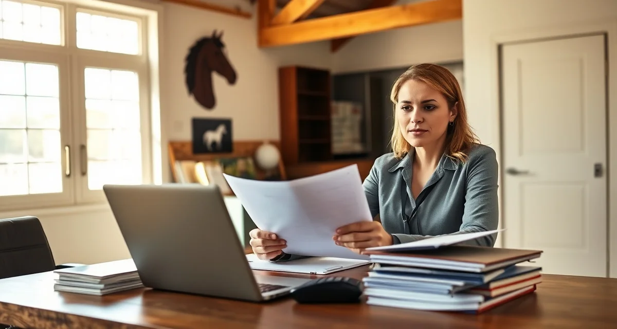 Barn manager enforcing late payment policy for horse boarding accounts with organized documentation and payment tracking system