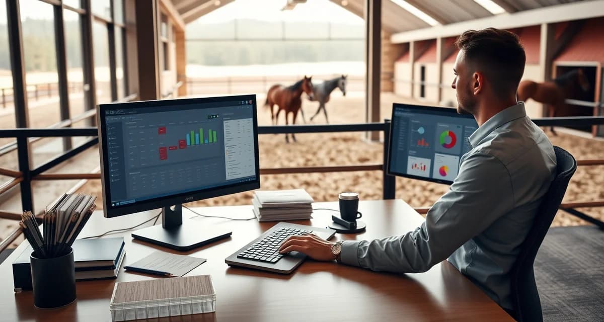 Equestrian facility manager using boarding and training management software on computer to coordinate stable operations