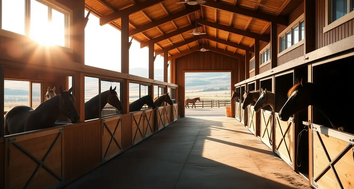 Modern horse barn facility in Boise Idaho with organized stalls and paddocks for equestrian management