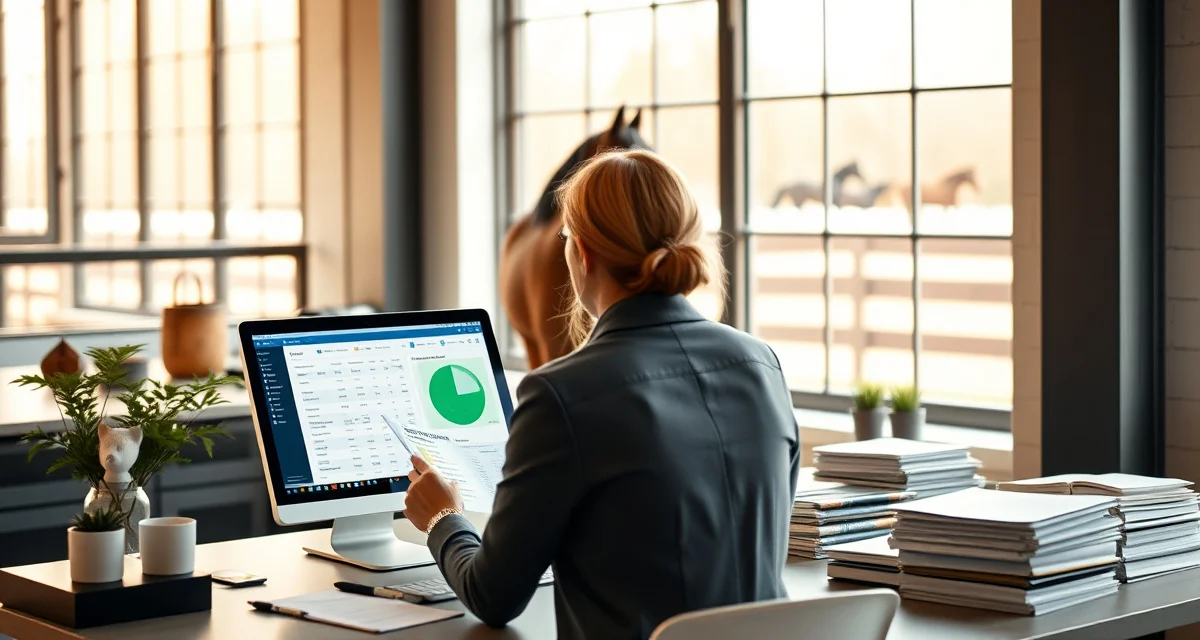 Barn manager organizing breed show billing invoices and financial records using specialized equine barn management software