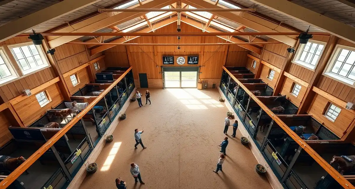 Modern breed show barn interior with organized stalls and digital management systems for efficient barn operations and horse care coordination.