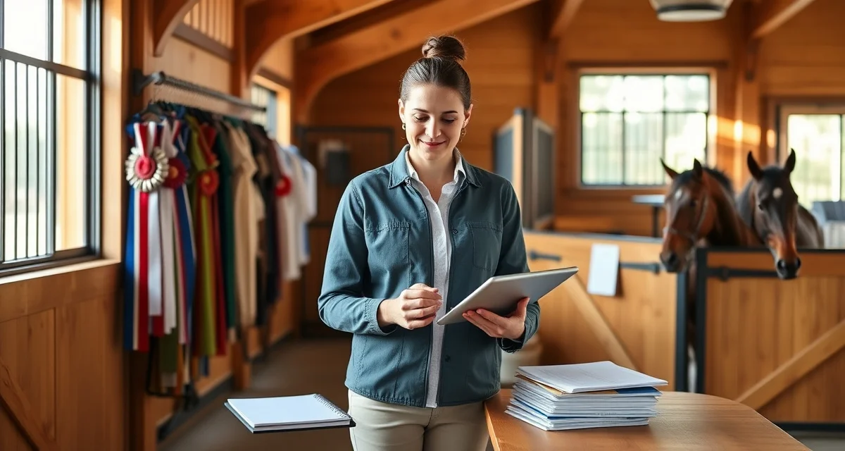 Horse barn manager communicating with breed show owners using stable management software dashboard on digital device
