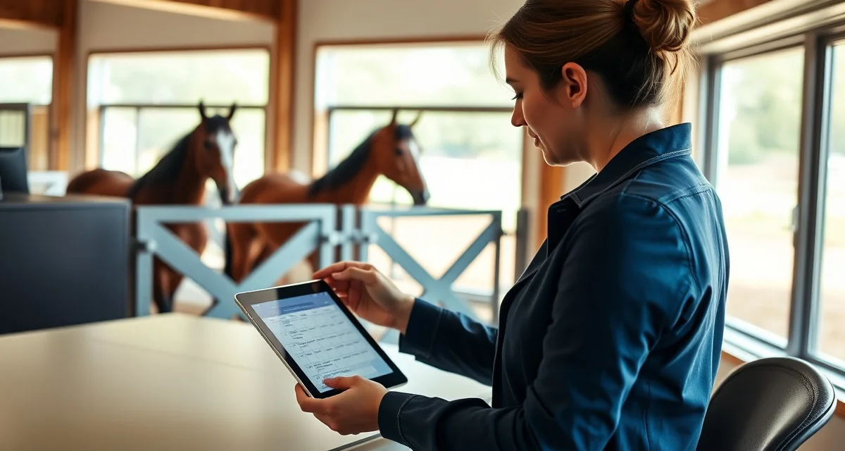 Barn manager using breed show scheduling software on tablet to organize multi-discipline class schedules and show strings