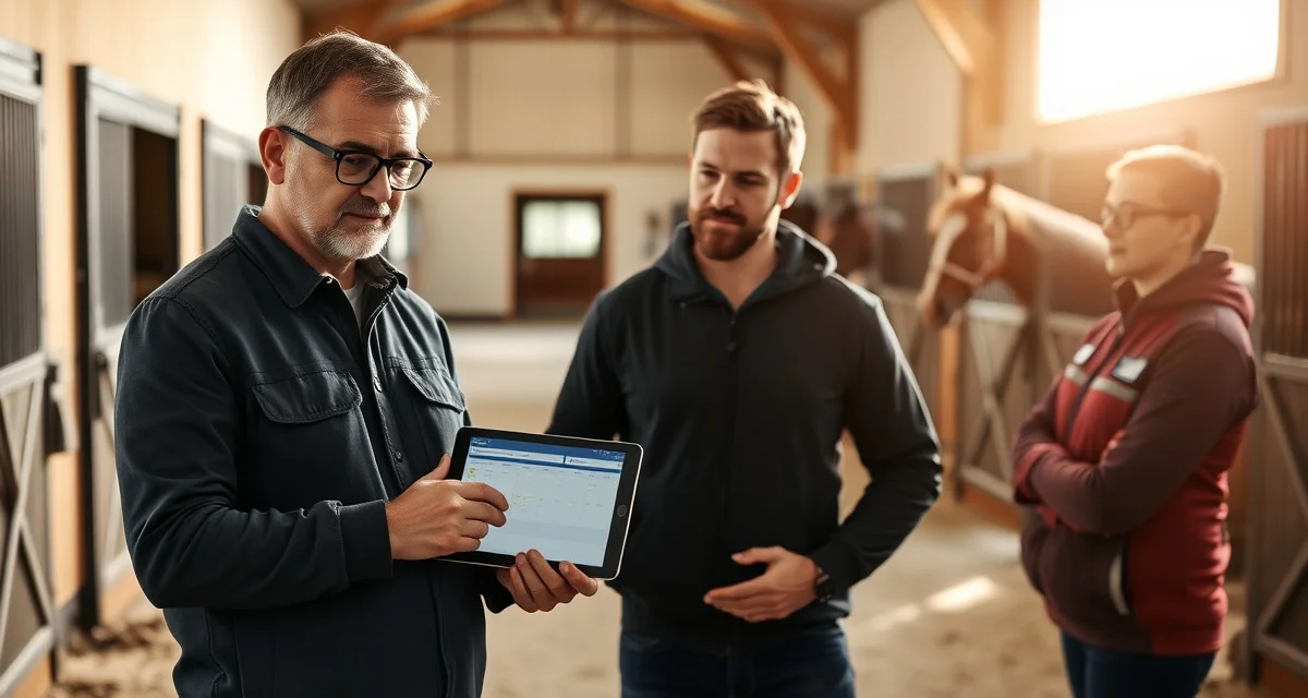 Barn manager using staff management software to coordinate breed show barn operations and scheduling with team members