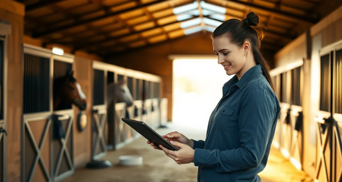 Horse barn manager using breeding barn billing software to track mare care and foal costs on digital tablet in stable