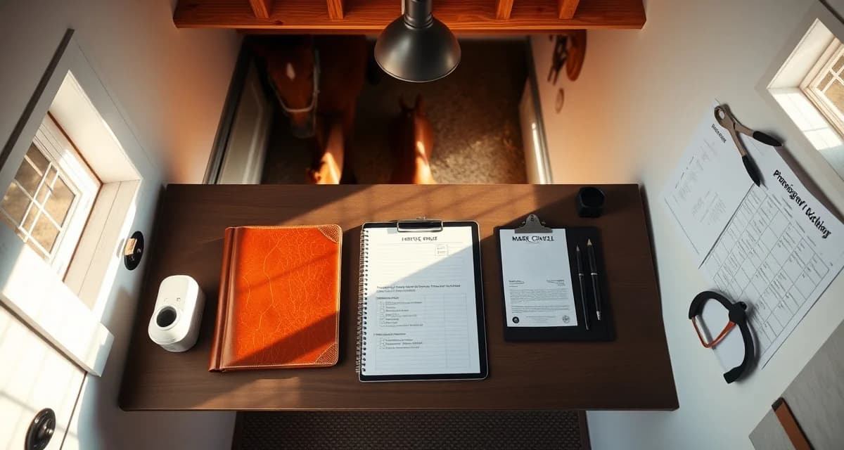 Breeding barn manager using digital checklist on tablet for daily mare monitoring, foaling, and stallion care management