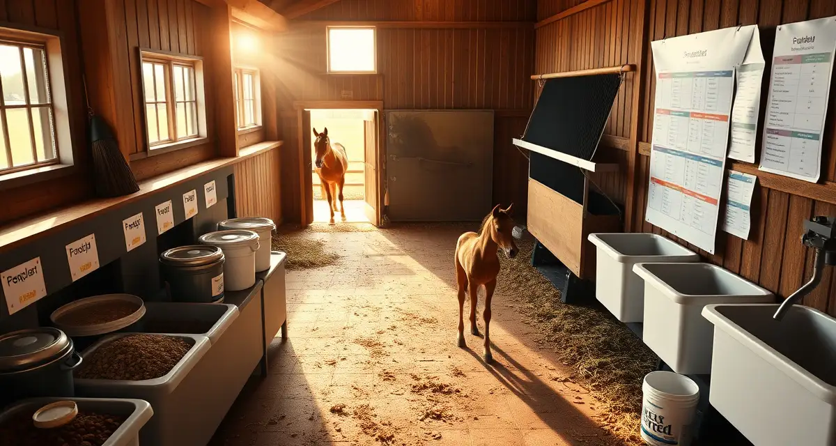 Organized horse feeding station in breeding barn with labeled supplement bins and feeding schedule for mares, stallions, and foals