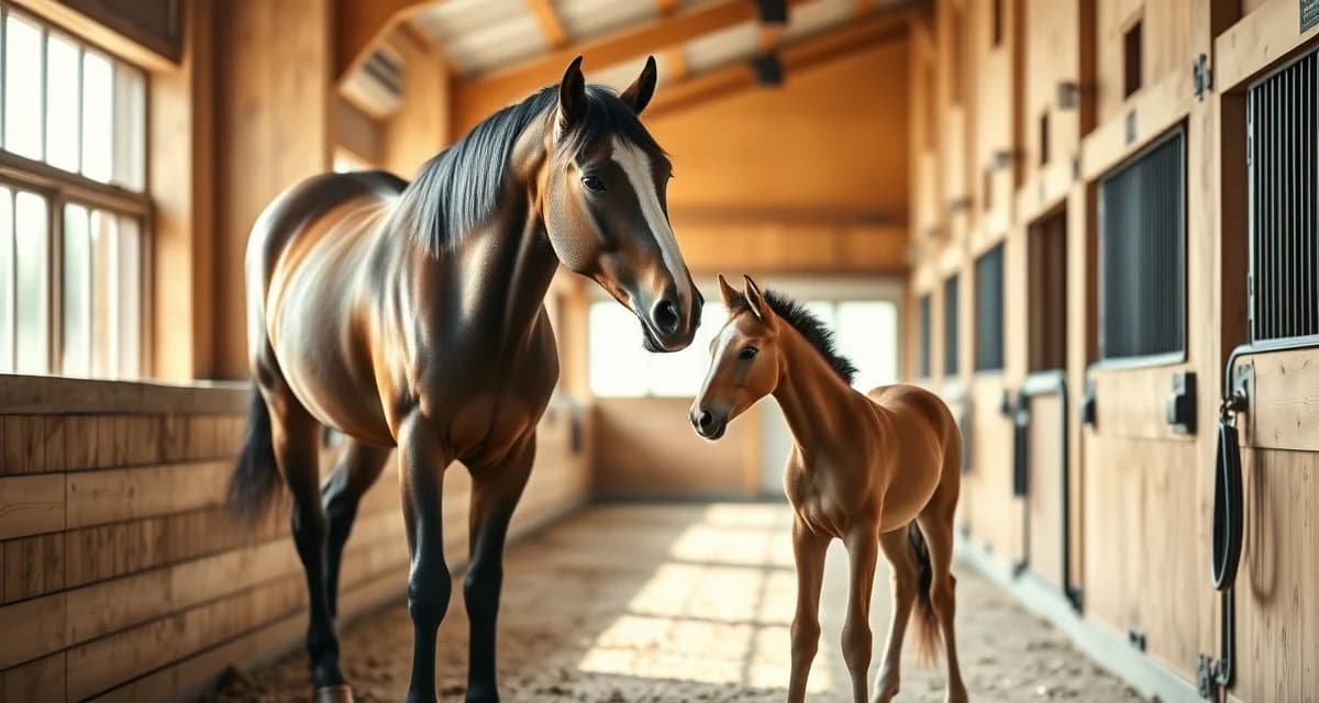 Mare and foal in a modern breeding barn facility, representing best practices for owner communication in equine breeding operations.