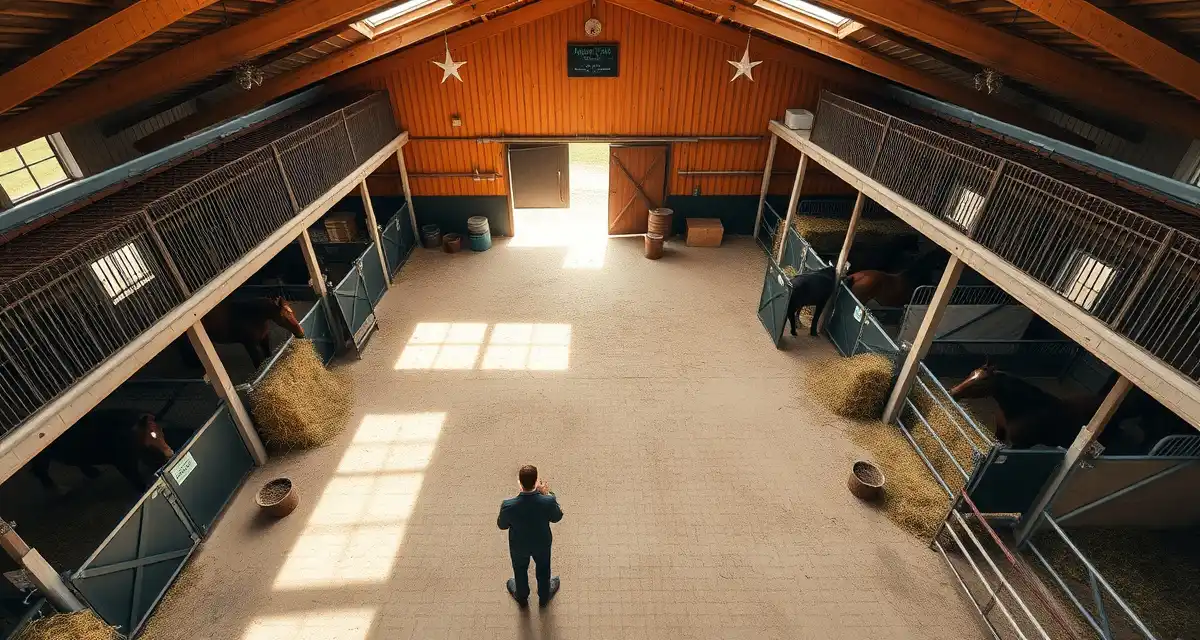 Organized horse breeding barn during seasonal operations with mares in paddocks and prepared facilities for breeding season
