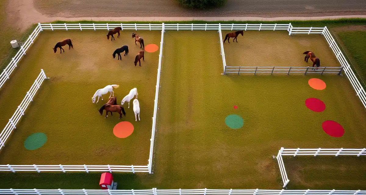Organized breeding farm paddocks showing mares, foals and stallions in separate turnout zones with clear compatibility management