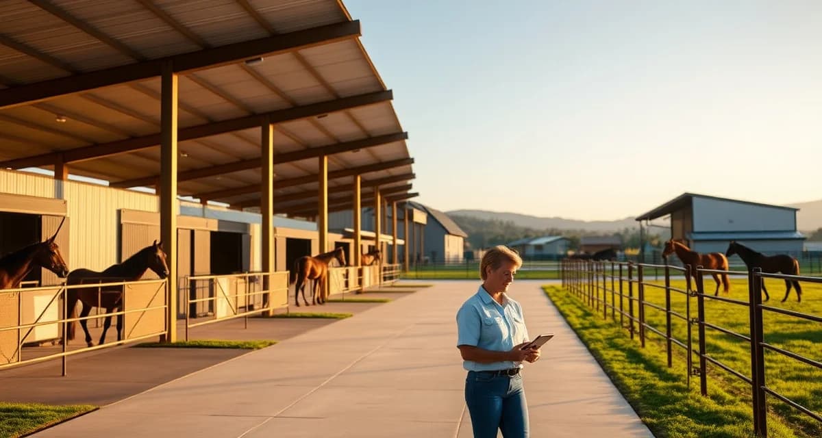 Modern California equestrian facility with organized barns and paddocks managed with professional barn management software