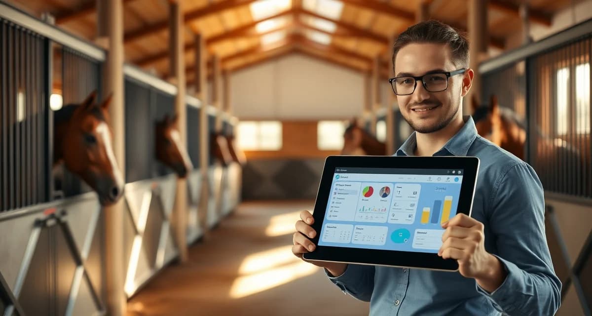 Professional barn manager using digital management software to organize horse care and billing for California equine facility