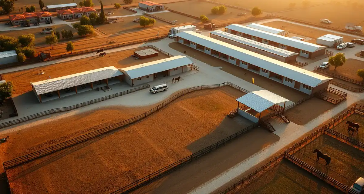 Modern California equestrian facility showing organized barns and paddocks managed with professional barn management software