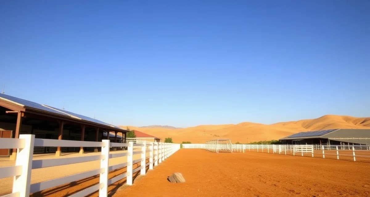 Modern California horse barn facility with professional stable management setup and drought-resistant landscaping in sunny climate.